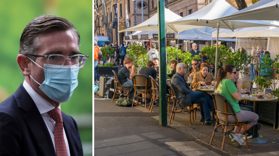 NSW Premier Dominic Perrottet and people dining outdoors in The Rocks, Sydney.