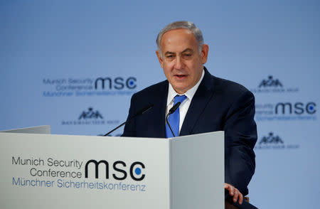 Israeli Prime Minister Benjamin Netanyahu speaks at the Munich Security Conference in Munich, Germany, February 18, 2018. REUTERS/Ralph Orlowski