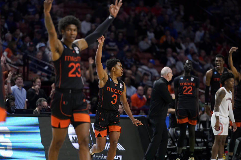 Miami celebrates after scoring during the second half of a college basketball game against Auburn in the second round of the NCAA tournament on Sunday, March 20, 2022, in Greenville, S.C. (AP Photo/Chris Carlson)