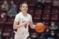 Stanford guard Jana Van Gytenbeek (4) dribbles upcourt against Arizona State during the second half of an NCAA college basketball game in Stanford, Calif., Friday, Jan. 28, 2022. (AP Photo/Jeff Chiu)