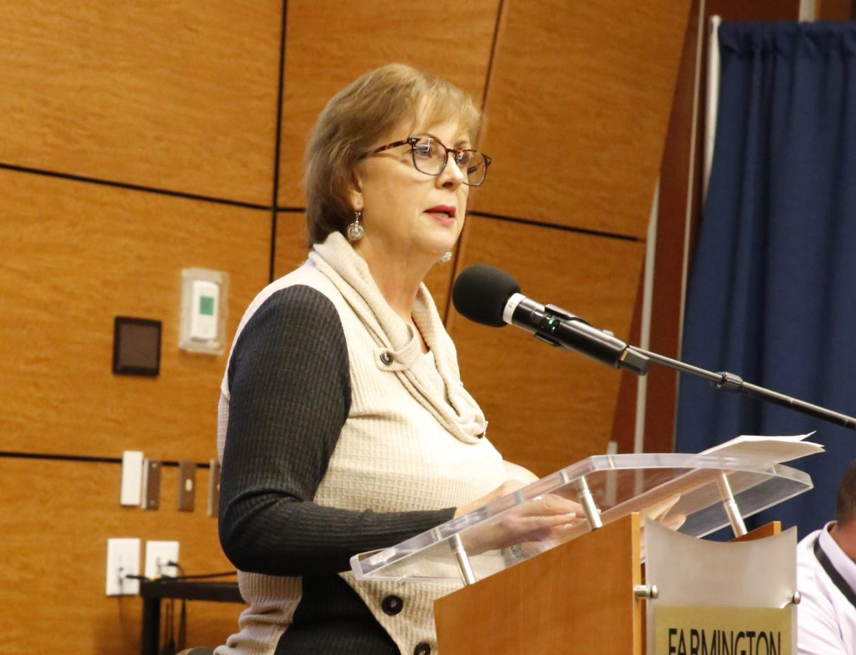 San Juan County Commissioner Terri Fortner speaks to the crowd Monday, Nov. 14 at the start of a public meeting at the Farmington Civic Center on the possible creation of a crisis triage center in San Juan County.