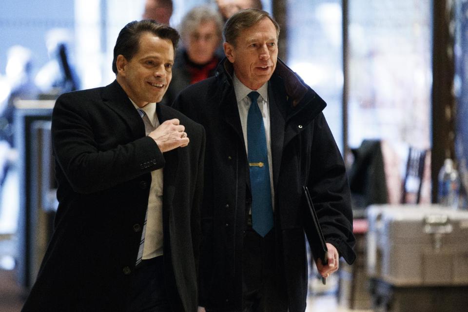 Anthony Scaramucci walks with former CIA director retired Gen. David Petraeus as he arrives at Trump Tower for a meeting with Presiden-elect Donald Trump, Monday, Nov. 28, 2016, in New York. (AP Photo/ Evan Vucci)