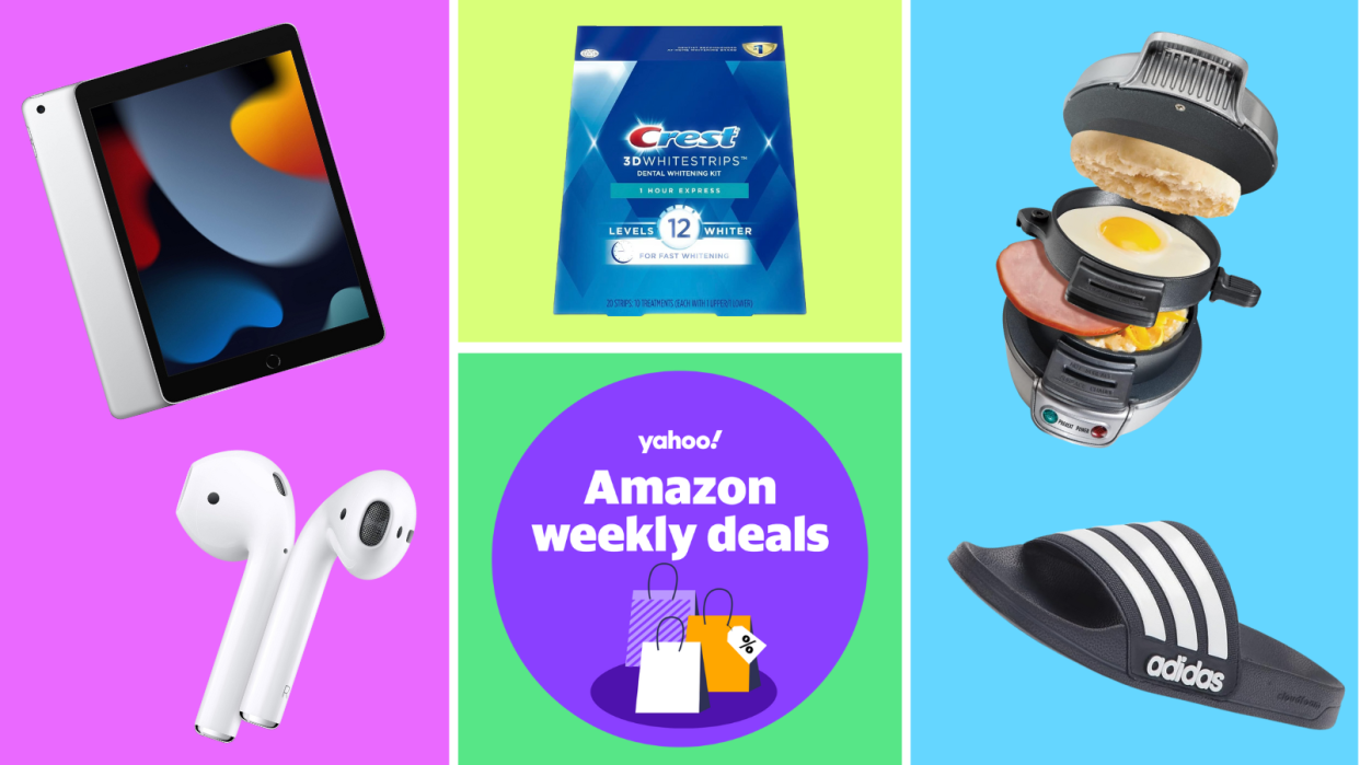 Apple iPad, Apple AirPods, Crest Whitestrips, Hamilton Beach breakfast sandwich maker, Adidas slides and a purple circle that reads: Yahoo! Amazon weekly deals