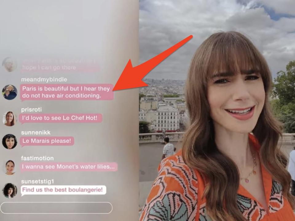 arrow pointing to a comment on emily's livestream on emily in paris season three episode four