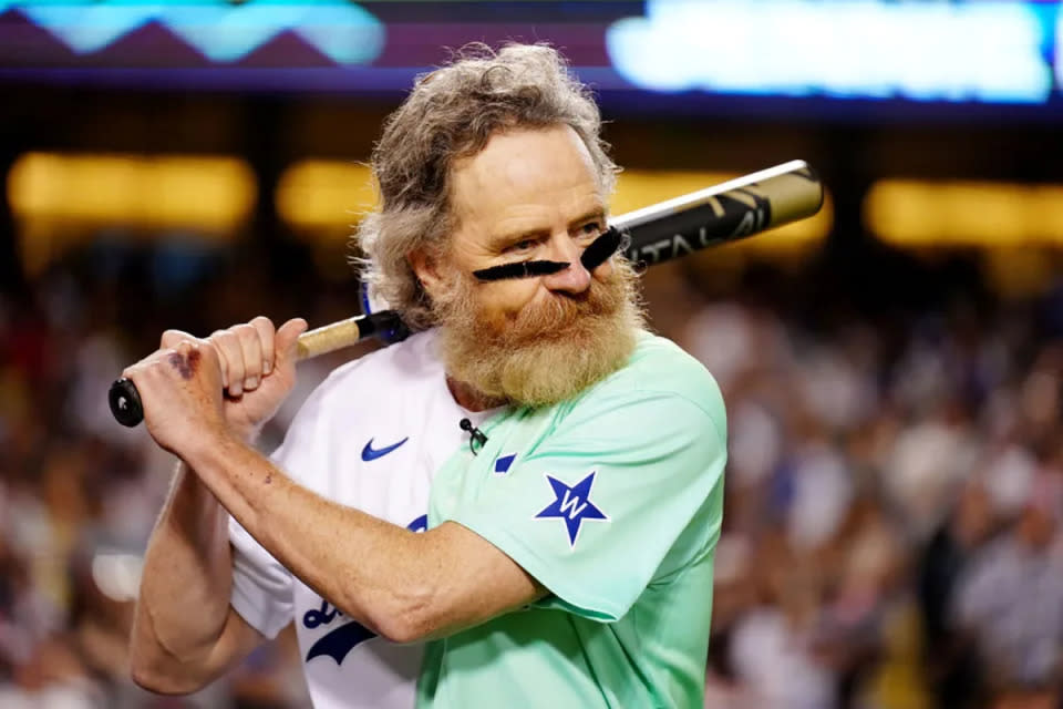 The star taped two fake mustaches to his face during the batting.  Photo: Getty