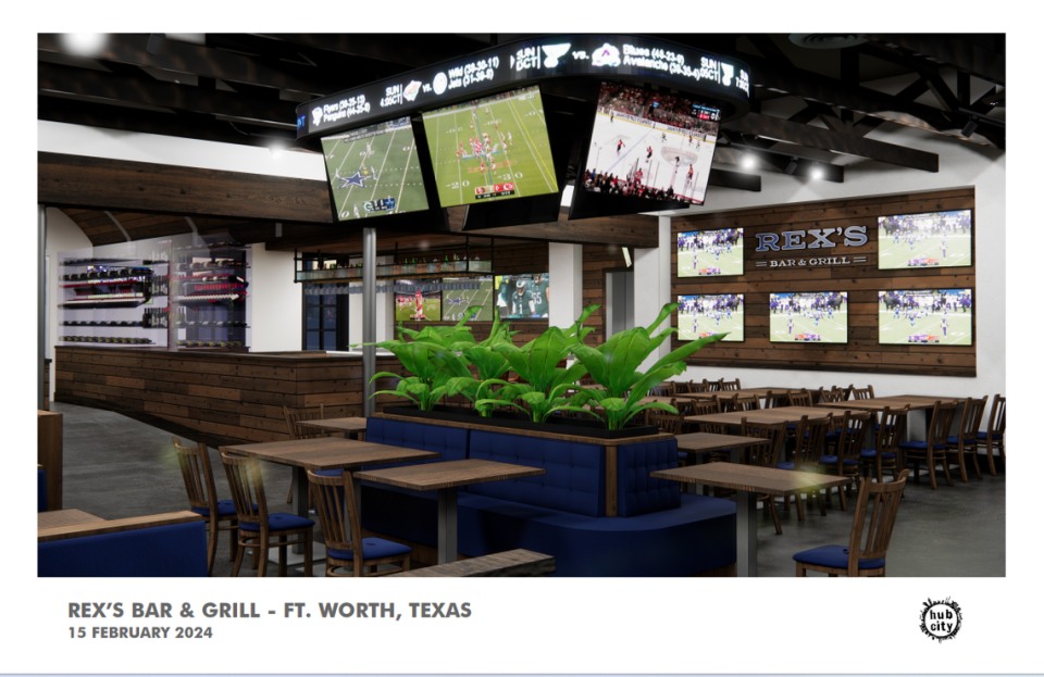 Rex’s Bar & Grill will have a billboard with an overhead sports ticker when it opens in late summer or early fall in Fort Worth. Rex Benson