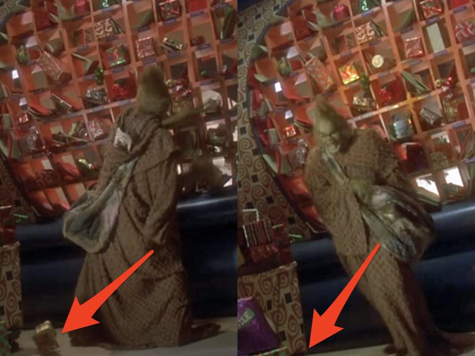 side by side screen grabs of a present error in how the grinch stole christmas