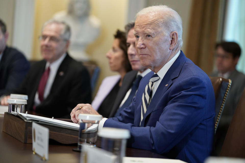 President Joe Biden meets with European Council President Charles Michel and European Commission President Ursula von der Leyen in the Cabinet Room of the White House, Friday, Oct. 20, 2023, in Washington. (AP Photo/Evan Vucci)