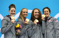 LONDON, ENGLAND - AUGUST 01: (L-R) Missy Franklin, Dana Vollmer, Shannon Vreeland, and Allison Schmitt of the United States stand on the podim during the medal ceremony for the Women's 4x200m Freestyle Relay on Day 5 of the London 2012 Olympic Games at the Aquatics Centre on August 1, 2012 in London, England. (Photo by Clive Rose/Getty Images)