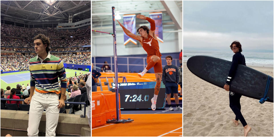 Hurley at the U.S. Open in September 2022, high jumping for the University of Texas, and surfing at the beach.<span class="copyright">Courtesy Kristy Hurley;</span>