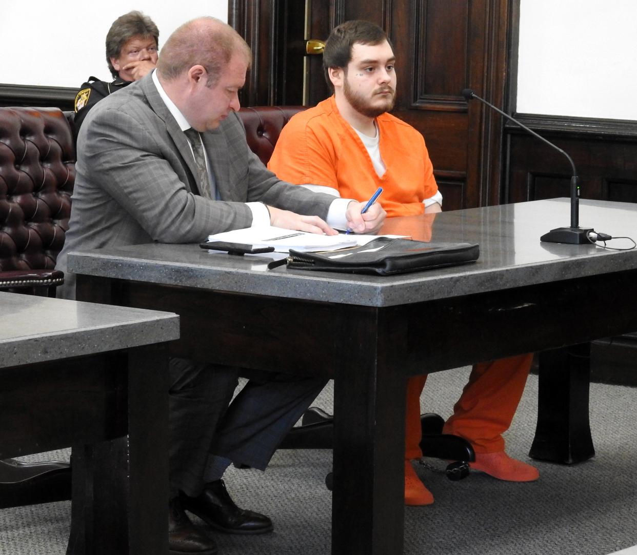 Attorney Zachuary Meranda with client Gage Copley in Coshocton County Common Pleas Court. Copley was sentenced to an aggregate term of four to six years in prison for sex crimes.