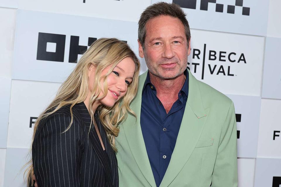 <p>Theo Wargo/Getty</p> West Duchovny with father David Duchovny in New York City in June 2023.