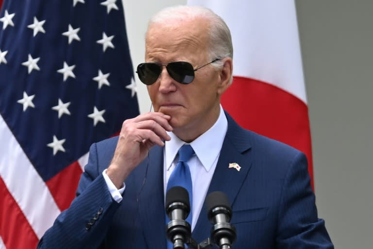 Le président américain Joe Biden, pendant une conférence de presse commune avec le Premier ministre japonais Fumio Kishida, le 10 avril 2024 dans la roseraie de la Maison Blanche (ANDREW CABALLERO-REYNOLDS)