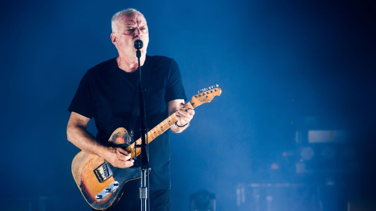  David Gilmour playing guitar and singing live on stage. 