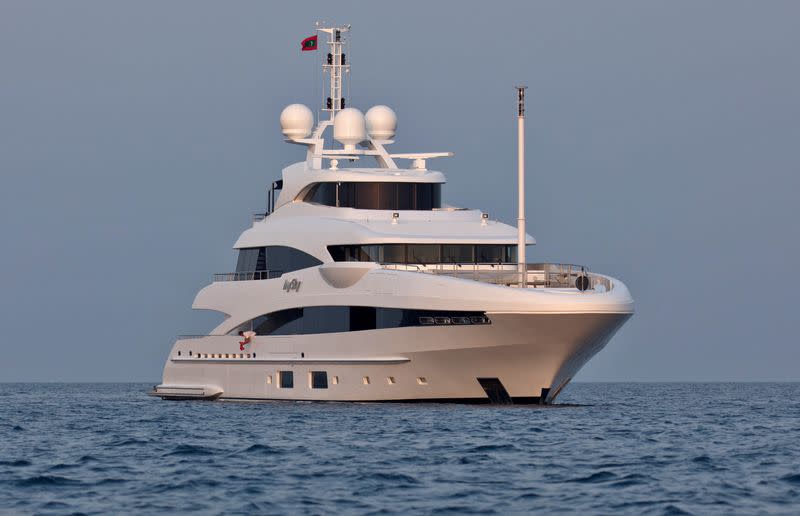 FILE PHOTO: MySky superyacht owned by Russia's Igor Kesaev is seen in the waters of the Indian Ocean near Male