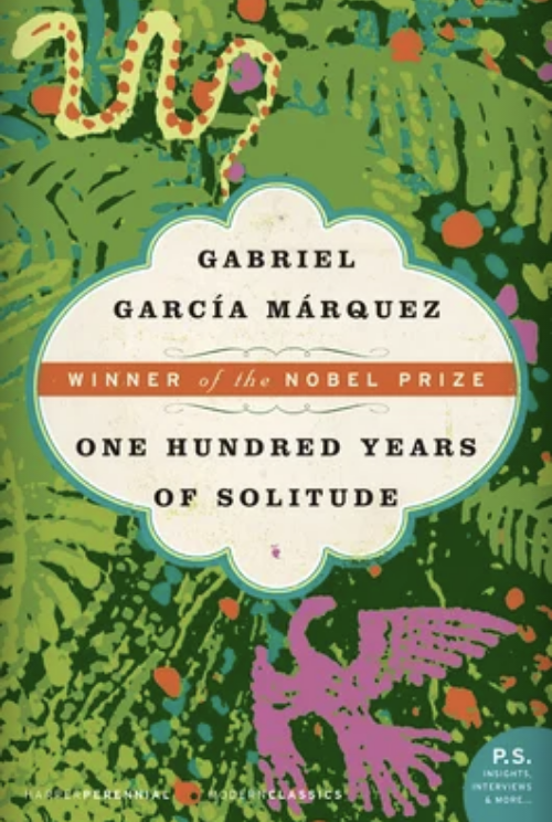 Cover of "One Hundred Years of Solitude" by Gabriel García Márquez, Nobel Prize winner note, with abstract green art