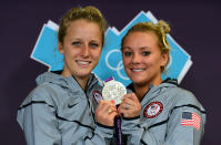 <a href="http://sports.yahoo.com/olympics/diving/abigail-johnston-1132250/" data-ylk="slk:Abigail Johnston;elm:context_link;itc:0;sec:content-canvas" class="link ">Abigail Johnston</a> and <a href="http://sports.yahoo.com/olympics/diving/kelci-bryant-1133362/" data-ylk="slk:Kelci Bryant;elm:context_link;itc:0;sec:content-canvas" class="link ">Kelci Bryant</a> of the United States pose with their silver medal at a press conference at the Main Press Center after the Women's Synchronised 3m Springboard final on Day two of the London 2012 Olympic Games on July 29, 2012 in London, England. (Photo by Lars Baron/Getty Images)