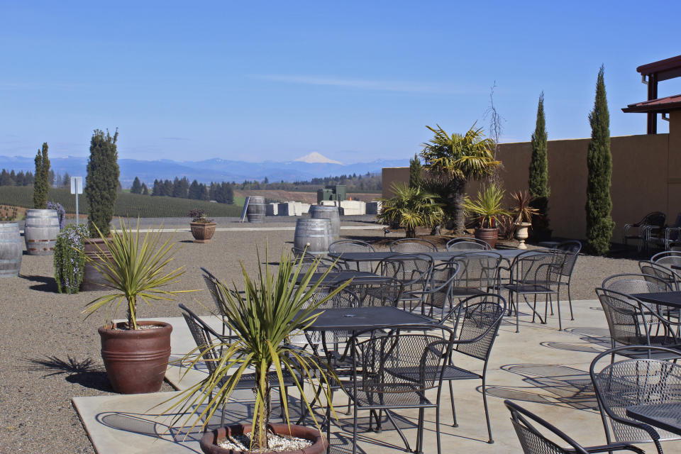 In this photo taken Tuesday, April 14, 2020, the patio at Coria Estates, a winery on the outskirts of Salem, Ore,, is devoid of customers because of the governor's stay-at-home order. Oregon is in its fourth week of lockdown. Oregonians can't enter state parks in mountains and in valleys now blooming with springtime flowers, or go to the state's trademark wineries and microbreweries. But Oregon appears to be an outlier as coronavirus cases start to peak in each state. Of all the states in America, Oregon should have the fewest COVID-19 deaths per capita when the peak comes here, according to researchers at the University of Washington who developed a closely watched model. (AP Photo/Andrew Selsky)