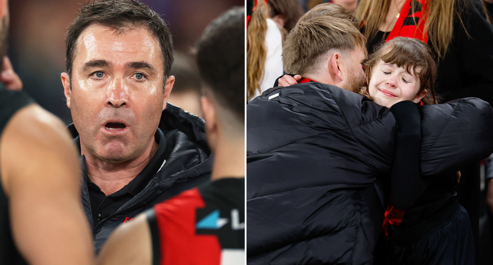 Essendon coach Brad Scott cut a frustrated figure after being asked why he didn't play Dyson Heppell in his home AFL farewell. Pic: Getty