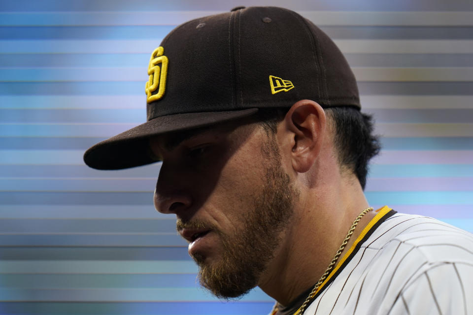 San Diego Padres starting pitcher Joe Musgrove warms up before a baseball game against the Milwaukee Brewers, Monday, April 19, 2021, in San Diego. (AP Photo/Gregory Bull)