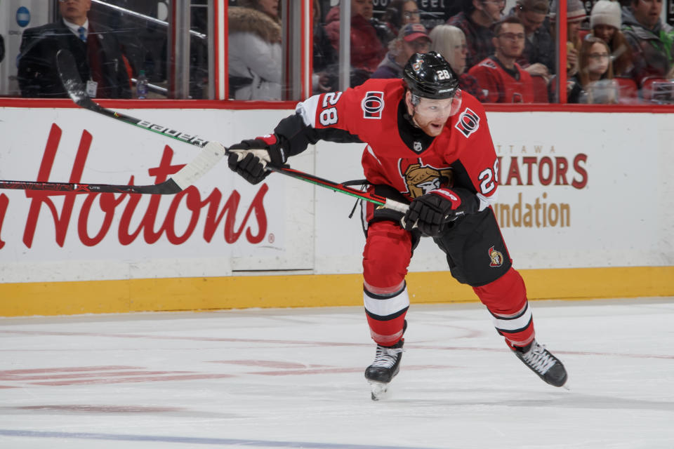 Connor Brown #28 of the Ottawa Senators skates against the Philadelphia Flyers 
