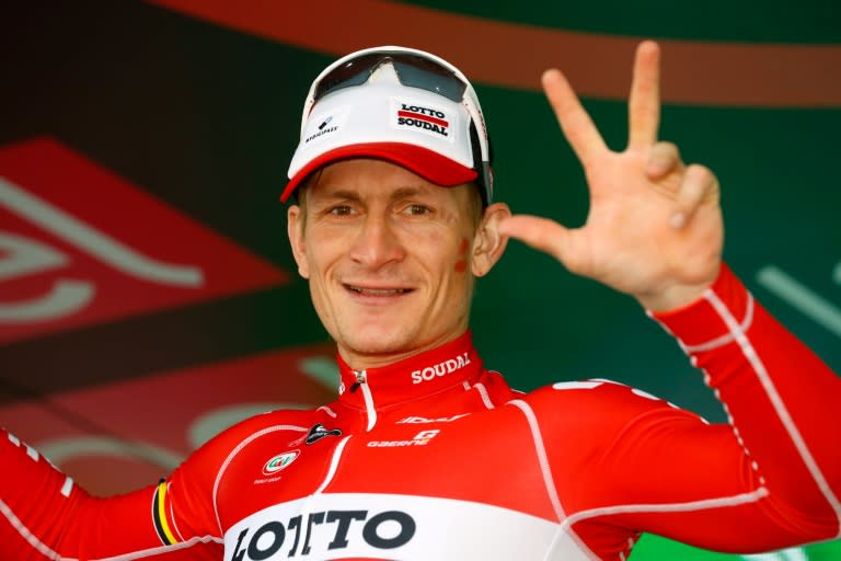 Germany's Andre Greipel celebrates on the podium after winning the 12th stage of the Giro d'Italia on May 19, 2016