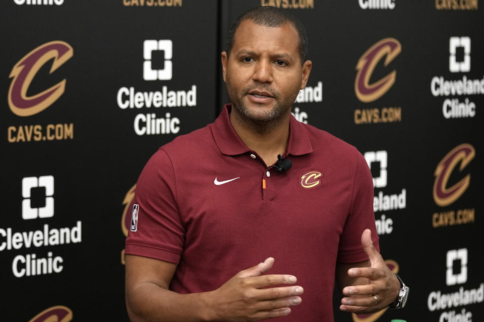 Koby Altman, president of basketball operations for the Cleveland Cavaliers, answers a question at a news conference in Brecksville, Ohio, Friday, May 24, 2024. One day after head coach J.B. Bickerstaff was fired despite winning 99 games the past two seasons, Altman tried to explain the reasons behind the somewhat shocking dismissal. (AP Photo/Sue Ogrocki)