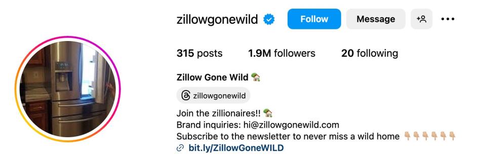 Zillow Gone Wild homepage on Instagram with 1.9 million followers
