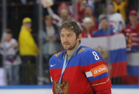 FILE PHOTO - Ice Hockey - 2016 IIHF World Championship - Bronze medal match - Russia v USA - Moscow, Russia - 22/5/16 - Alexander Ovechkin of Russia celebrates with his bronze medal after winning the game. REUTERS/Maxim Shemetov