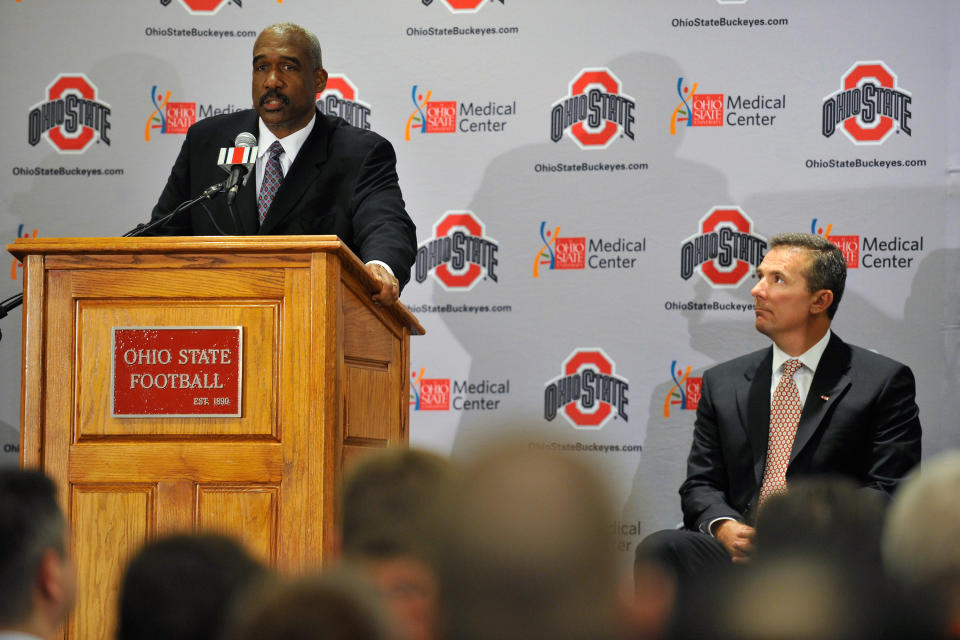 Ohio State athletic director Gene Smith’s attorney went on a social media rant on Thursday, writing that both Smith and football coach Urban Meyer “fell on the sword” in accepting their suspensions. (Photo by Jamie Sabau/Getty Images)