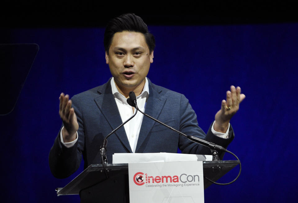 Jon Chu, director of "Crazy Rich Asians," addresses the audience during "The State of the Industry" presentation at CinemaCon 2019, the official convention of the National Association of Theatre Owners (NATO) at Caesars Palace, Tuesday, April 2, 2019, in Las Vegas, Nev. (Photo by Chris Pizzello/Invision/AP)