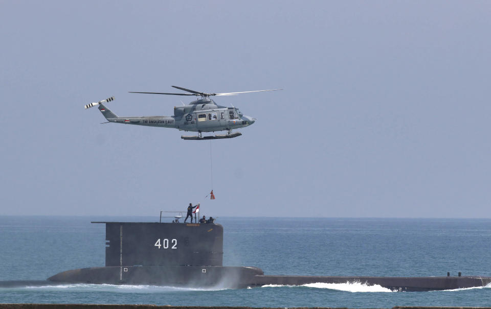 A photo of the Indonesian Navy submarine KRI Nanggala participating in a drill off Cilegon, Indonesia, in 2017.