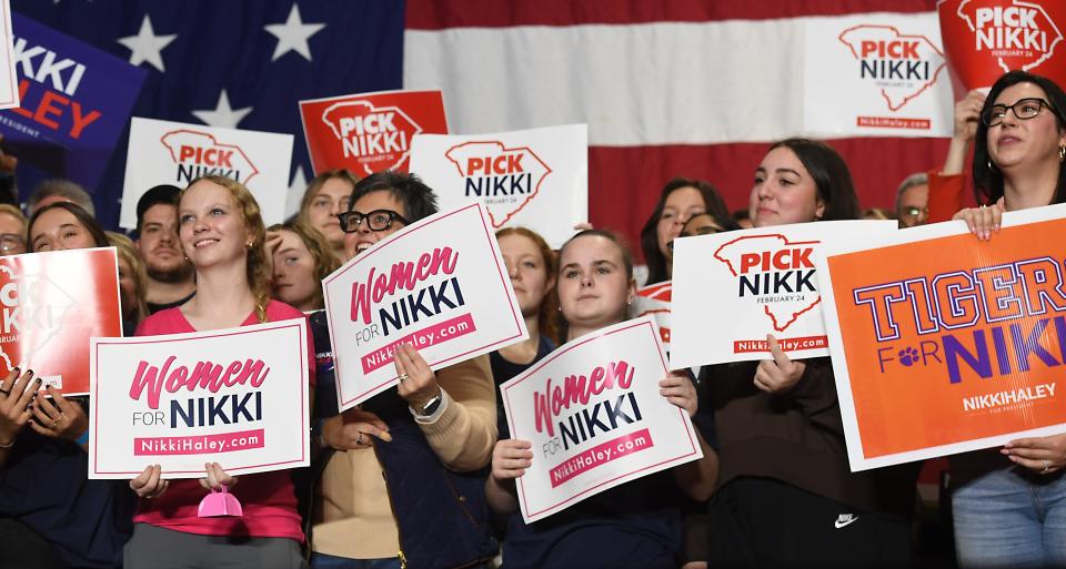 Nikki Haley, GOP presidential candidate, campaigns at Mauldin High School in Mauldin, S.C., on Jan. 27, 2024. Women on the stage show their support for Haley.