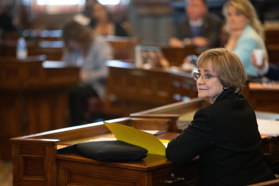 Sen. Beverly Gossage, R-Eudora, looks over to Republican colleagues during Wednesday's veto session at the Statehouse.