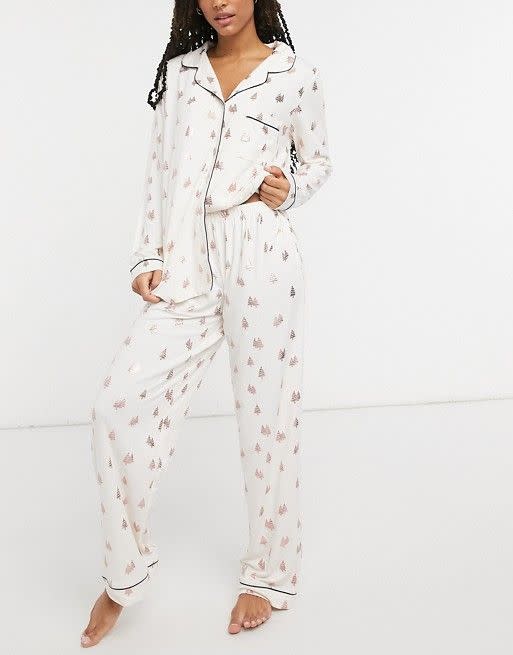 Christmas Tree long camp collar pajama set in cream