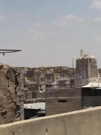 Mosul's destroyed Grand al-Nuri Mosque is seen in Mosul, Iraq June 22, 2017. Iraqi alsumaria tv channel/Handout via REUTERS