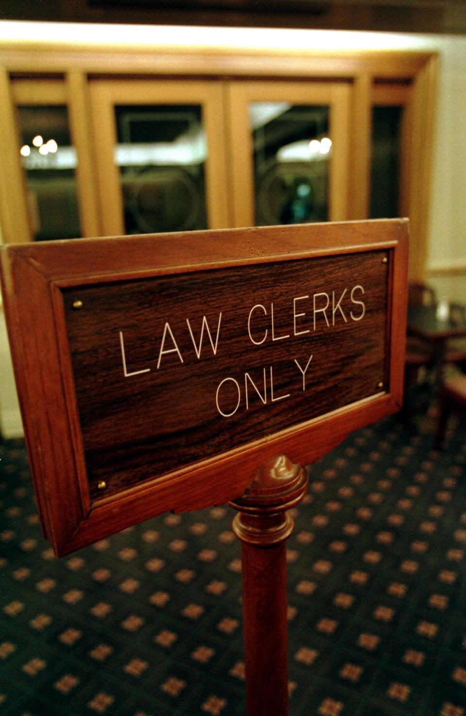 "Law Clerks Only" signage designating area at U.S. Supreme Court on Jan. 12, 1998.