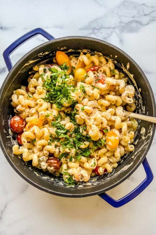 <p>The Healthy Table</p><p>Burst cherry tomatoes, Boursin cheese and lots of fresh herbs make this easy pasta dish a weeknight winner. </p><p><strong>Get the recipe: <a href="https://thishealthytable.com/blog/baked-boursin-pasta/" rel="nofollow noopener" target="_blank" data-ylk="slk:Baked Boursin Pasta;elm:context_link;itc:0;sec:content-canvas" class="link ">Baked Boursin Pasta</a></strong></p>