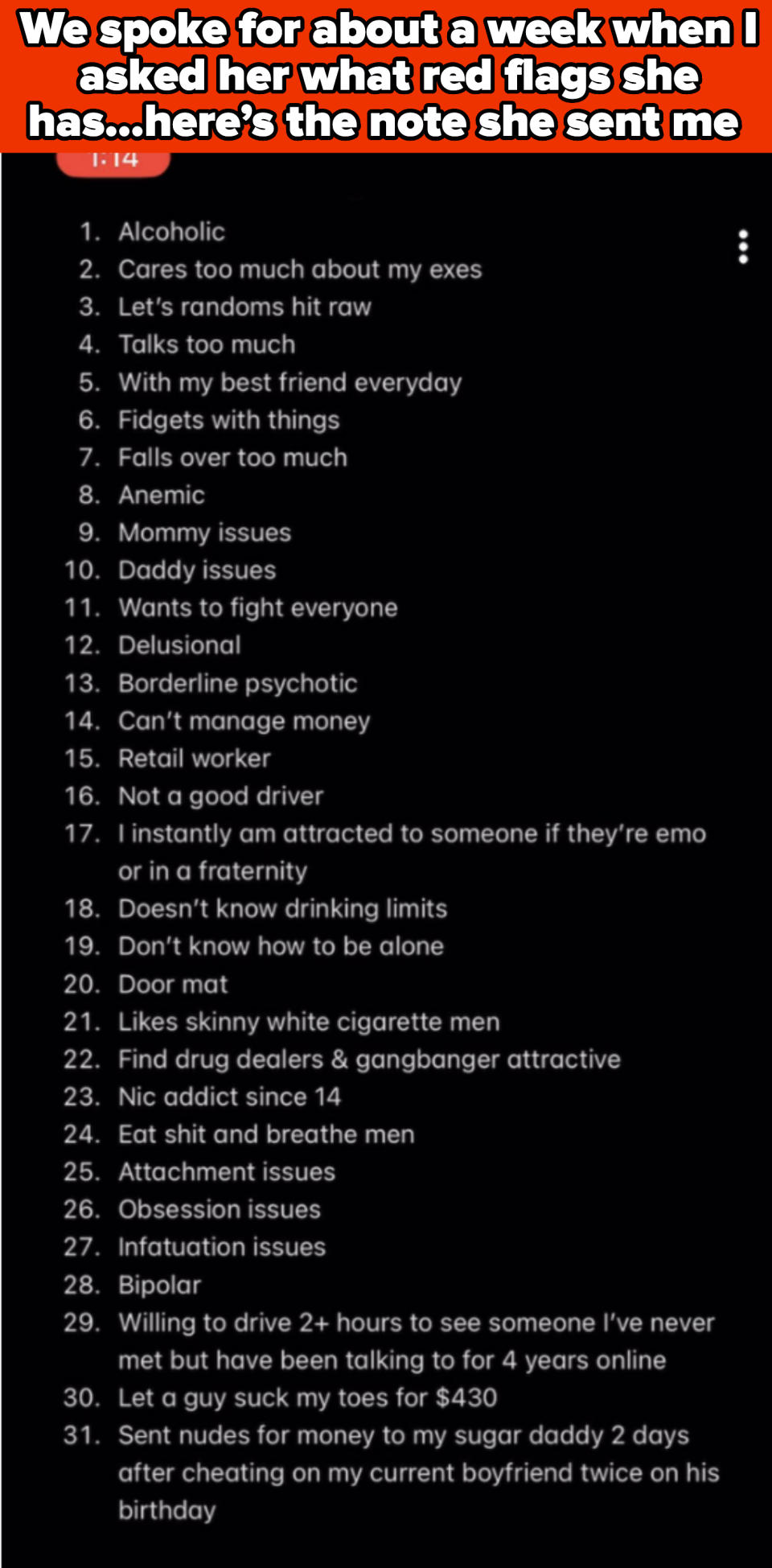 list of red flags including "not a good driver" and "retail worker"