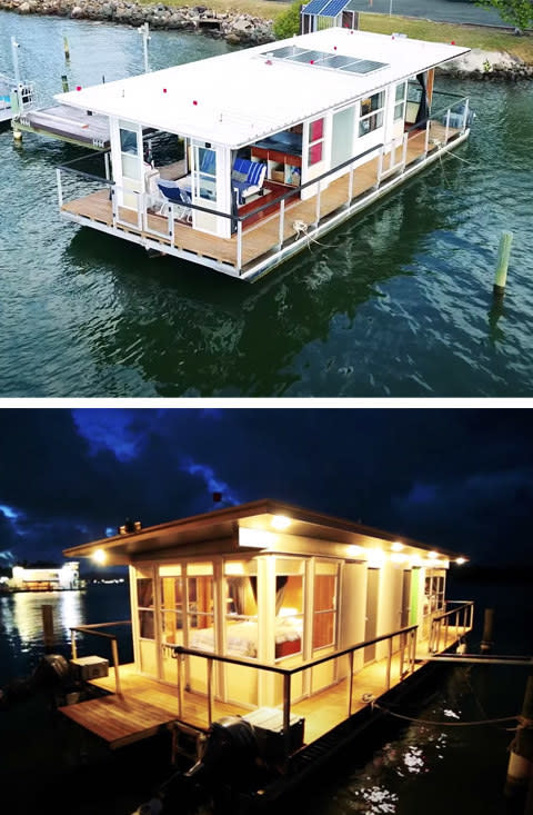The houseboat floats on water and lights up at night