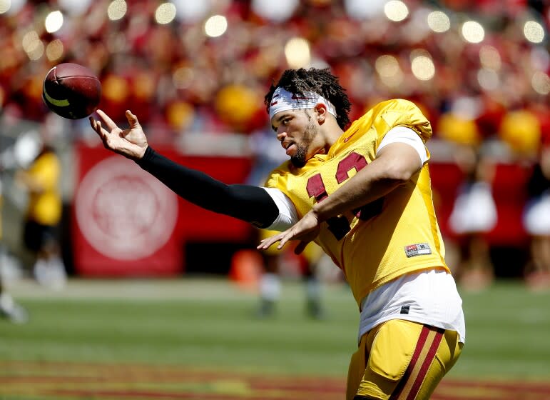 USC quarterback Caleb Williams warms up during the spring game Saturday