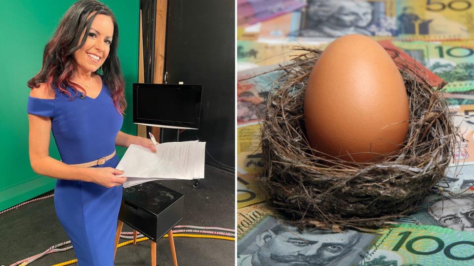 Compilation image of Nicole looking at the camera and a nest egg on Australian dollars to represent super