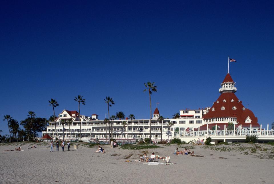 The Hotel del Coronado fronts the beach at San Diego, California.