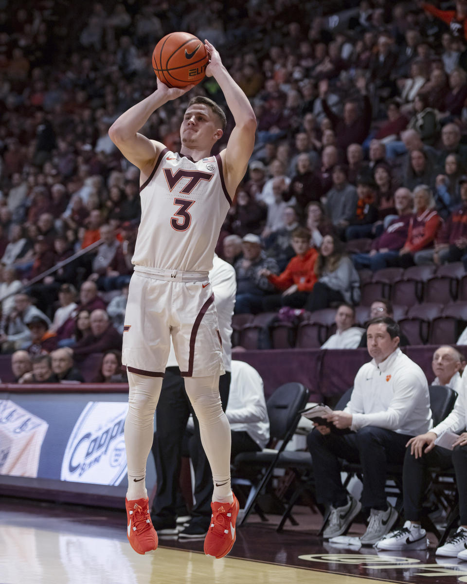 Virginia Tech's Sean Pedulla shoots a 3-pointer against Clemson during the first half of an NCAA college basketball game Wednesday, Jan. 10, 2024, in Blacksburg, Va. (AP Photo/Robert Simmons)