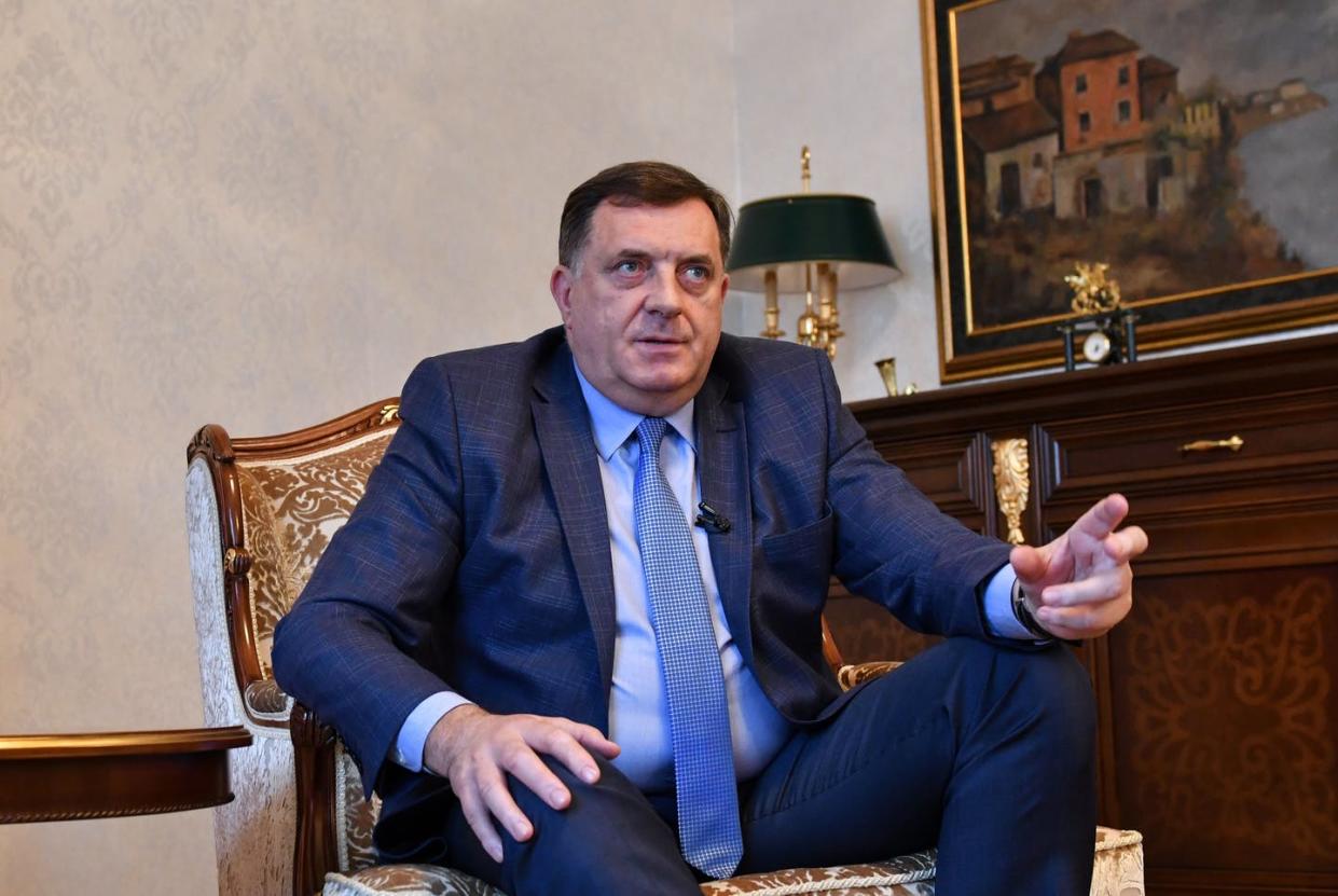 <span class="caption">Bosnian Serb leader <span class="caas-xray-inline-tooltip"><span class="caas-xray-inline caas-xray-entity caas-xray-pill rapid-nonanchor-lt" data-entity-id="Milorad_Dodik" data-ylk="cid:Milorad_Dodik;pos:1;elmt:wiki;sec:pill-inline-entity;elm:pill-inline-text;itc:1;cat:OfficeHolder;" tabindex="0" aria-haspopup="dialog"><a href="https://search.yahoo.com/search?p=Milorad%20Dodik" data-i13n="cid:Milorad_Dodik;pos:1;elmt:wiki;sec:pill-inline-entity;elm:pill-inline-text;itc:1;cat:OfficeHolder;" tabindex="-1" data-ylk="slk:Milorad Dodik;cid:Milorad_Dodik;pos:1;elmt:wiki;sec:pill-inline-entity;elm:pill-inline-text;itc:1;cat:OfficeHolder;" class="link ">Milorad Dodik</a></span></span>, president of the Serb-run entity in Bosnia, answers questions during an interview on April 18, 2018. </span> <span class="attribution"><a class="link " href="https://www.gettyimages.com/detail/news-photo/president-of-the-serb-run-entity-in-bosnia-bosnian-serb-news-photo/949699498?adppopup=true" rel="nofollow noopener" target="_blank" data-ylk="slk:Elvis Barukcic/AFP via Getty Images;elm:context_link;itc:0;sec:content-canvas">Elvis Barukcic/AFP via Getty Images</a></span>