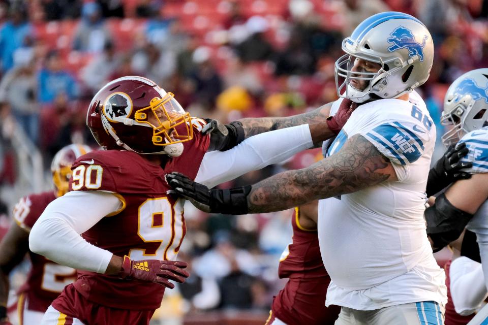 Washington linebacker Montez Sweat is blocked by Lions offensive tackle Taylor Decker during the second half on Sunday, Nov. 24, 2019, in Landover, Md.