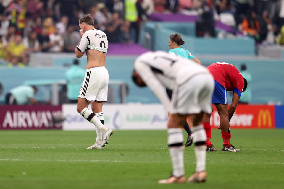世界盃E組德國雖以4比2踢贏哥斯大黎加，但和同組的西班牙積分一樣為4分，最終仍因淨勝球不敵無敵艦隊只能飲恨出局。(Photo by Alex Pantling/Getty Images)