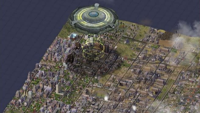  An alien spaceship hovering over a city in SimCity 4. 