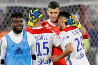 Soccer Football - Ligue 1 - Olympique Lyonnais vs OGC Nice - Groupama Stadium, Lyon, France - May 19, 2018 Lyon's Marcal, Mathieu Gorgelin and Jeremy Morel celebrate after the match REUTERS/Emmanuel Foudrot