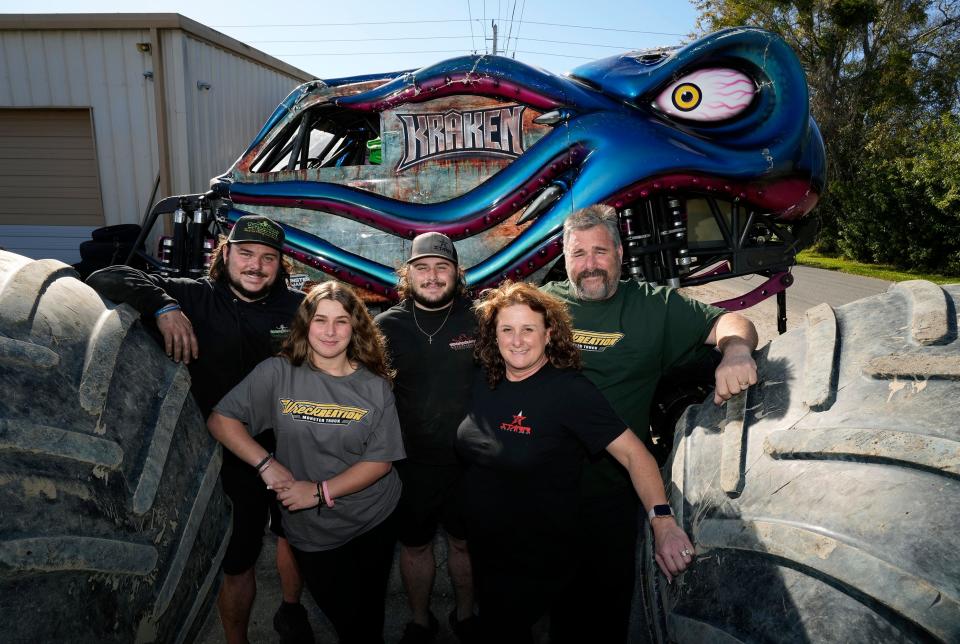 Monster Truck family l to r, Nick, Brook, Michael, Laura and Matt Pagliarulo at their Sanford shop, Wednesday, Feb. 21, 2024.